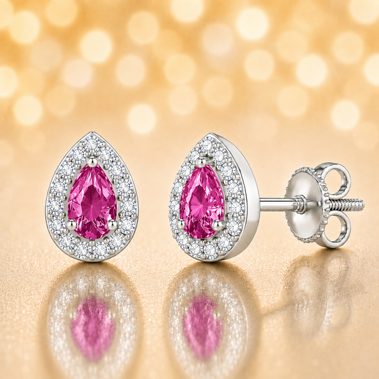 Pink sapphire stud earrings with 5×3 mm pear in white gold-plated 925 silver, accented with moissanite and secure screw-back posts. Available now at BSI Jewelry.