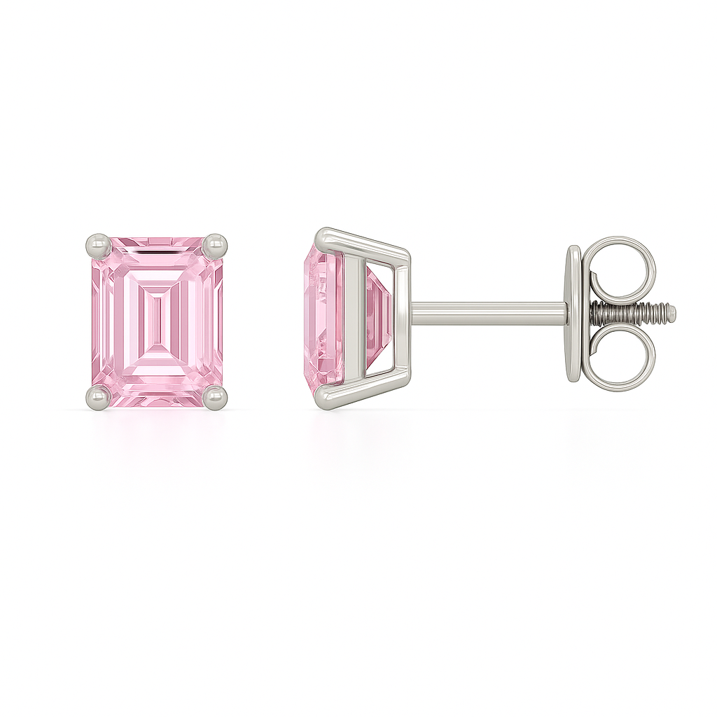 Pink sapphire stud earrings with 6×4 mm emerald-cut stones, crafted in white gold-plated 925 silver with palladium-added alloy. Available now at BSI Jewelry.