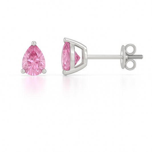 Pink sapphire stud earrings in 6×4 mm pear cut, set in white gold-plated 925 silver. Hypoallergenic and elegant for daily wear. Available now at BSI Jewelry.