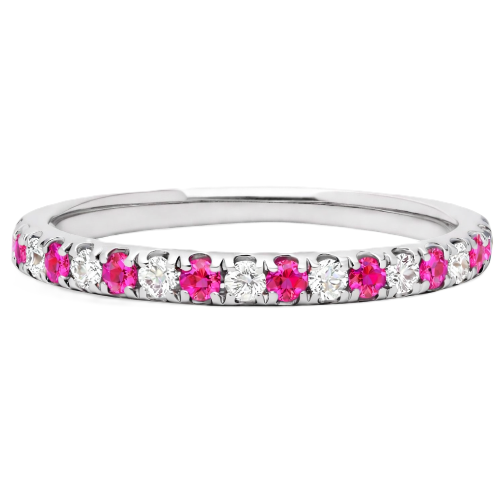 Pink sapphire wedding band with 1.80 mm round-cut stones, crafted in white gold-plated 925 silver and accented with moissanite. Available now at BSI Jewelry.
