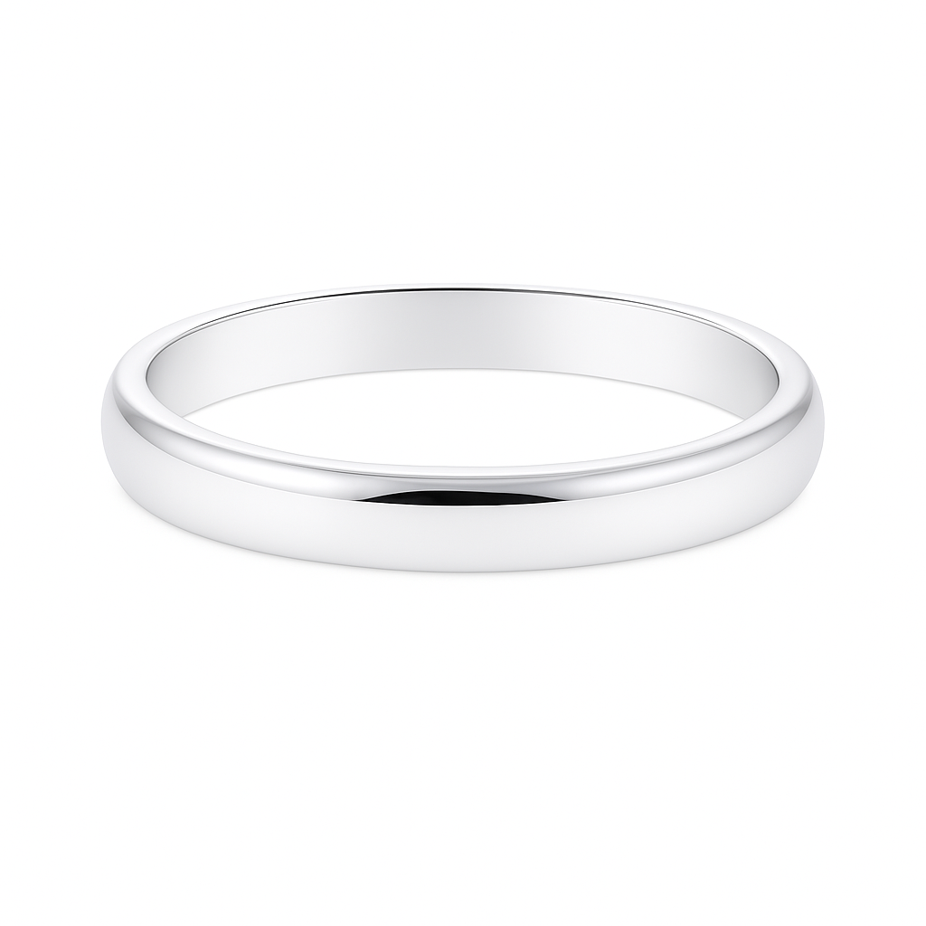 Classic 3 mm comfort-fit plain wedding band crafted in white gold-plated 925 silver with palladium-added alloy. Everlasting love. Available now at BSI Jewelry.