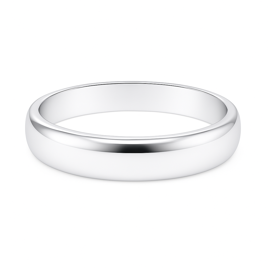 Classic 5 mm comfort-fit plain wedding band crafted in white gold-plated 925 silver with palladium-added alloy. Everlasting love. Available now at BSI Jewelry.