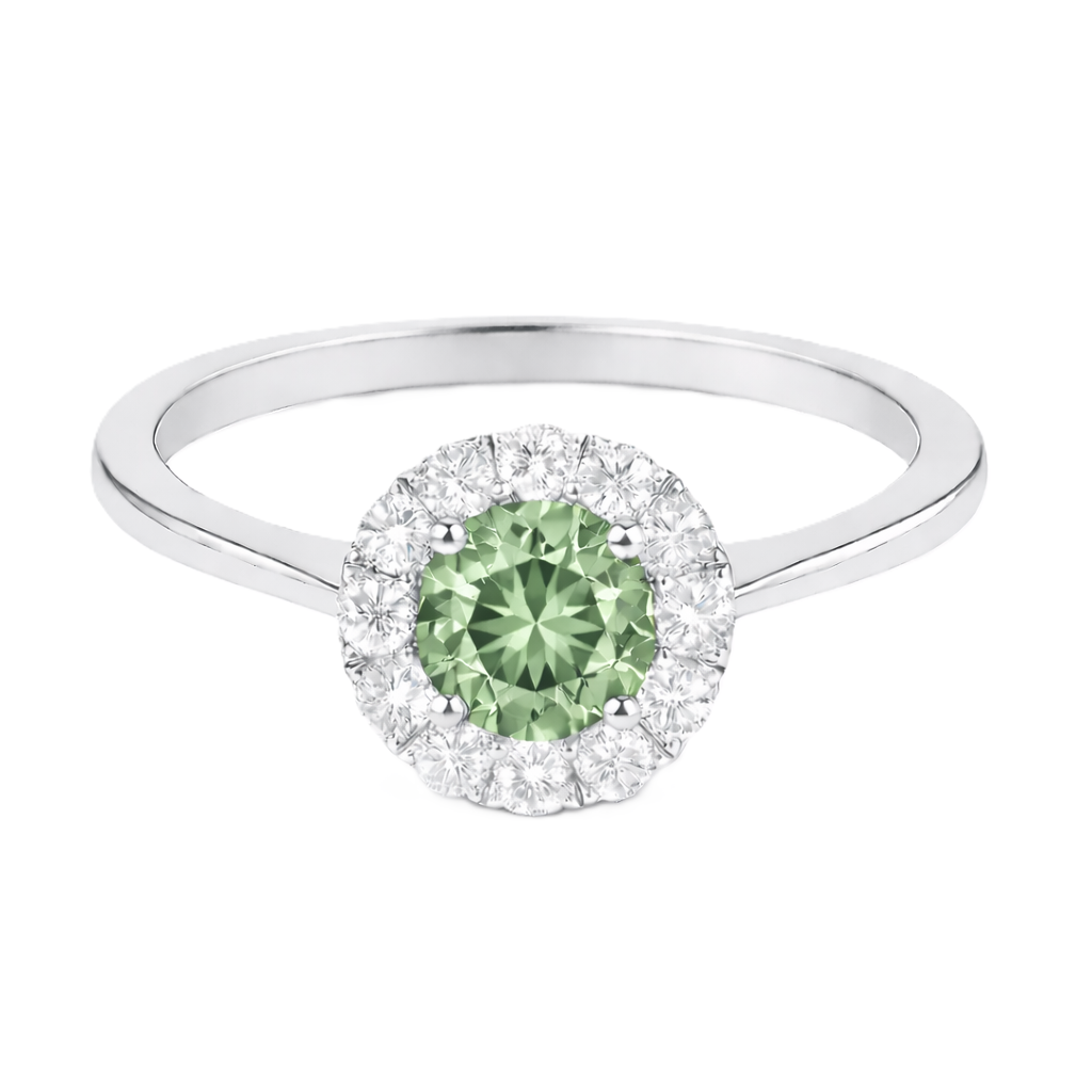 Prasiolite ring with a 4.50 mm round-cut stone in white gold-plated 925 silver, accented with moissanite for soft green brilliance. Available now at BSI Jewelry.