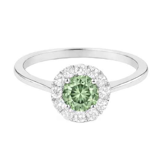 Prasiolite ring with a 4.50 mm round-cut stone in white gold-plated 925 silver, accented with moissanite for soft green brilliance. Available now at BSI Jewelry.