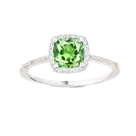 Prasiolite ring with a 6 mm cushion-cut center in white gold-plated 925 silver, accented with moissanite for refined sparkle. Available now at BSI Jewelry.