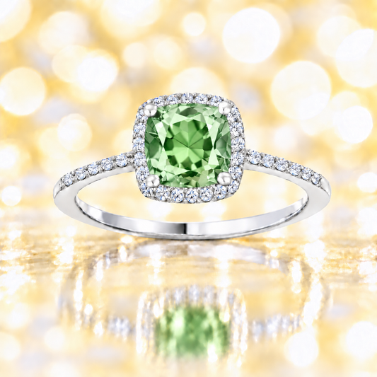 Prasiolite ring with a 6 mm cushion-cut center in white gold-plated 925 silver, accented with moissanite for refined sparkle. Available now at BSI Jewelry.