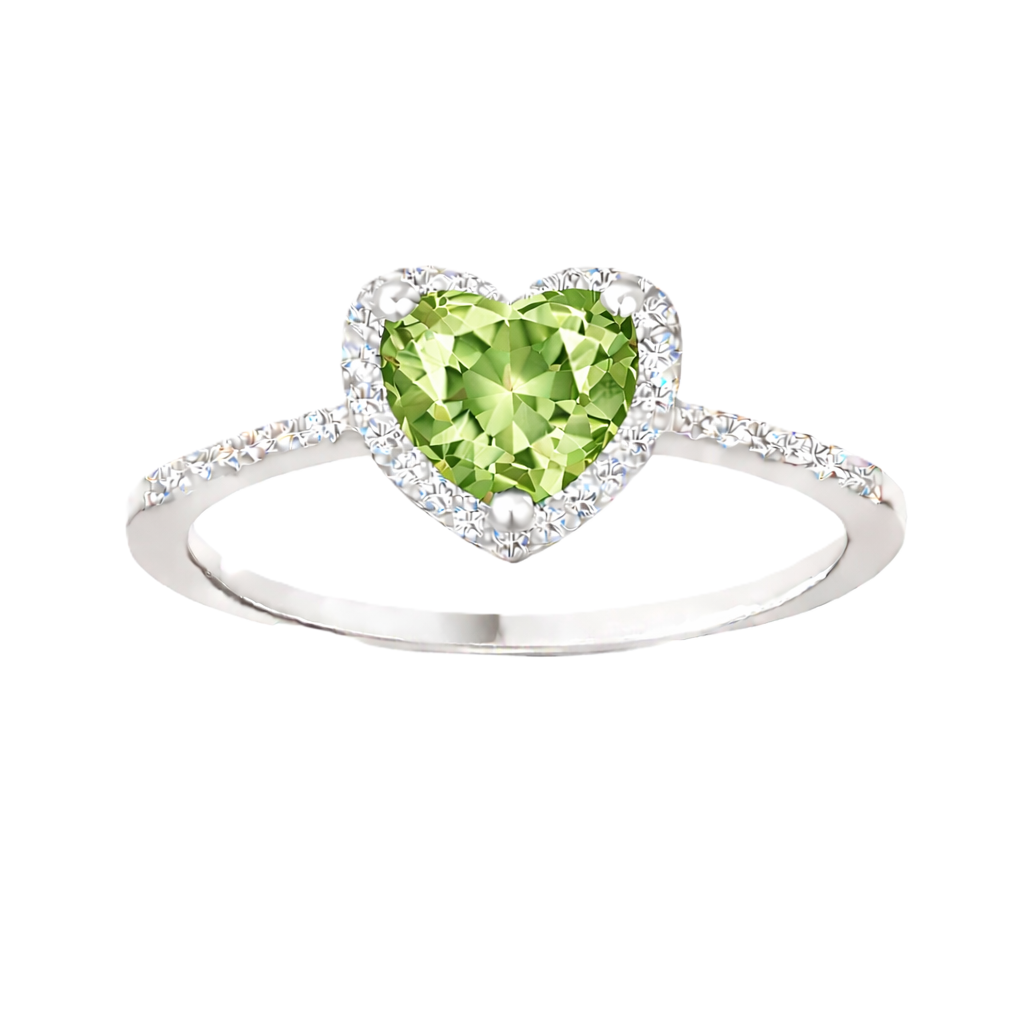 Prasiolite ring with a 6 mm heart cut, crafted in white gold-plated 925 silver and accented with moissanite. Available now at BSI Jewelry.