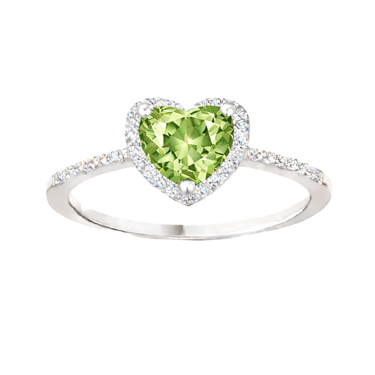 Prasiolite ring with a 6 mm heart cut, crafted in white gold-plated 925 silver and accented with moissanite. Available now at BSI Jewelry.