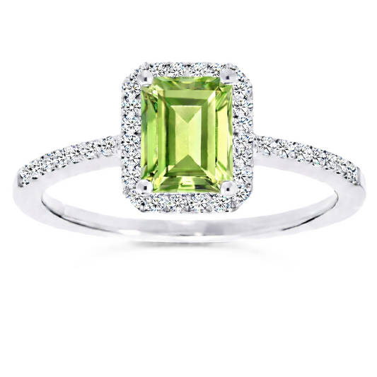 Prasiolite ring with a 7×5 mm emerald cut, with moissanite in white gold-plated 925 silver. Elegant and timeless for daily wear. Available now at BSI Jewelry.