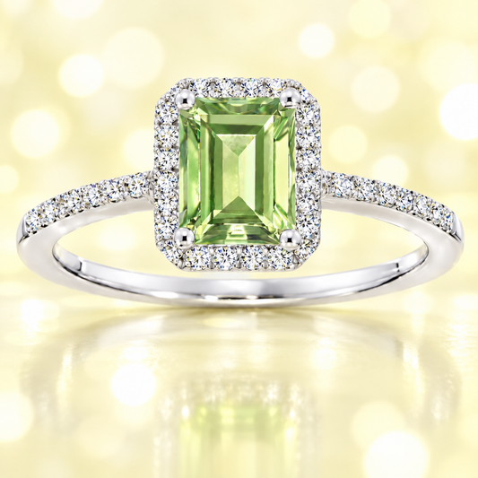 Prasiolite ring with a 7×5 mm emerald cut, with moissanite in white gold-plated 925 silver. Elegant and timeless for daily wear. Available now at BSI Jewelry.