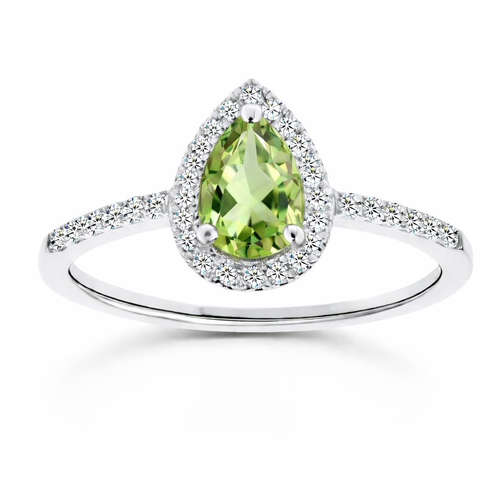 Prasiolite ring with a 7×5 mm pear cut, with moissanite in white gold-plated 925 silver. Elegant and timeless for daily wear. Available now at BSI Jewelry.