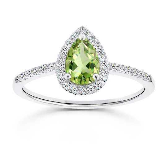 Prasiolite ring with a 7×5 mm pear cut, with moissanite in white gold-plated 925 silver. Elegant and timeless for daily wear. Available now at BSI Jewelry.