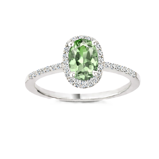 Prasiolite ring with a 7×5 mm oval cut in white gold-plated 925 silver, with moissanite. Elegant and refined for daily wear. Available now at BSI Jewelry.