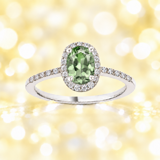 Prasiolite ring with a 7×5 mm oval cut in white gold-plated 925 silver, with moissanite. Elegant and refined for daily wear. Available now at BSI Jewelry.