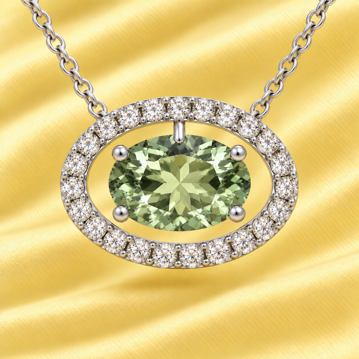 Prasolite necklace with an 8×5 mm oval in white gold-plated 925 silver, accented with moissanite. Elegant for daily wear. Available now at BSI Jewelry.