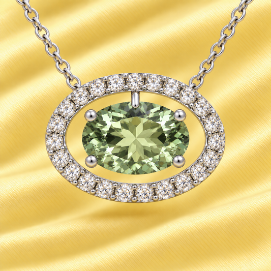Prasolite necklace with an 8×5 mm oval in white gold-plated 925 silver, accented with moissanite. Elegant for daily wear. Available now at BSI Jewelry.