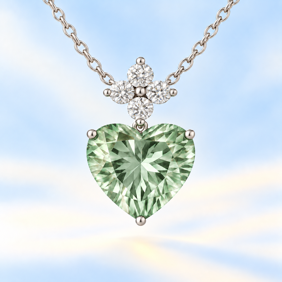 Delicate 7mm heart-cut Prasolite pendant with Moissanite accents in white-gold-plated 925 silver. Refined sparkle with serene beauty. Now at BSI Jewelry.