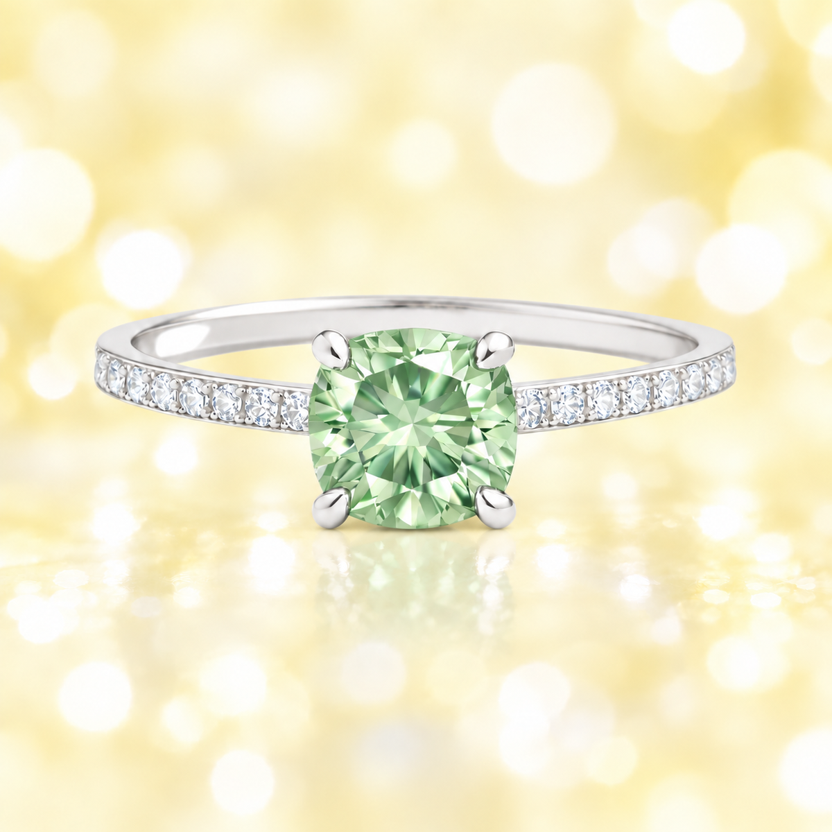 Prasolite ring with a 6 mm cushion in white gold-plated 925 silver, accented with moissanite. Fresh and elegant for daily wear. Available now at BSI Jewelry.