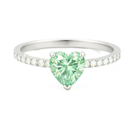 Prasolite ring with a 6 mm heart in white gold-plated 925 silver, with moissanite. Romantic and elegant for daily wear. Available now at BSI Jewelry.