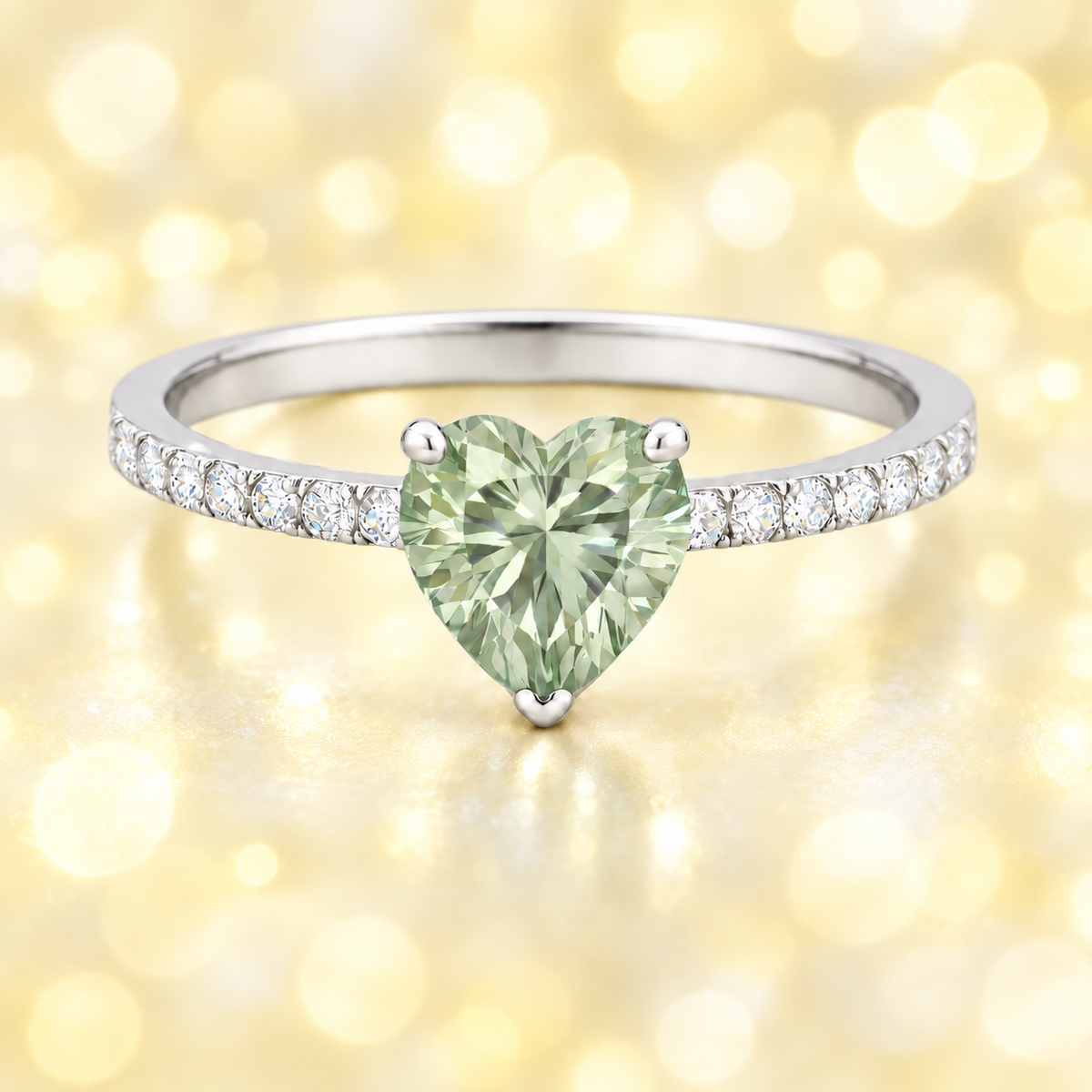Prasolite ring with a 6 mm heart in white gold-plated 925 silver, with moissanite. Romantic and elegant for daily wear. Available now at BSI Jewelry.