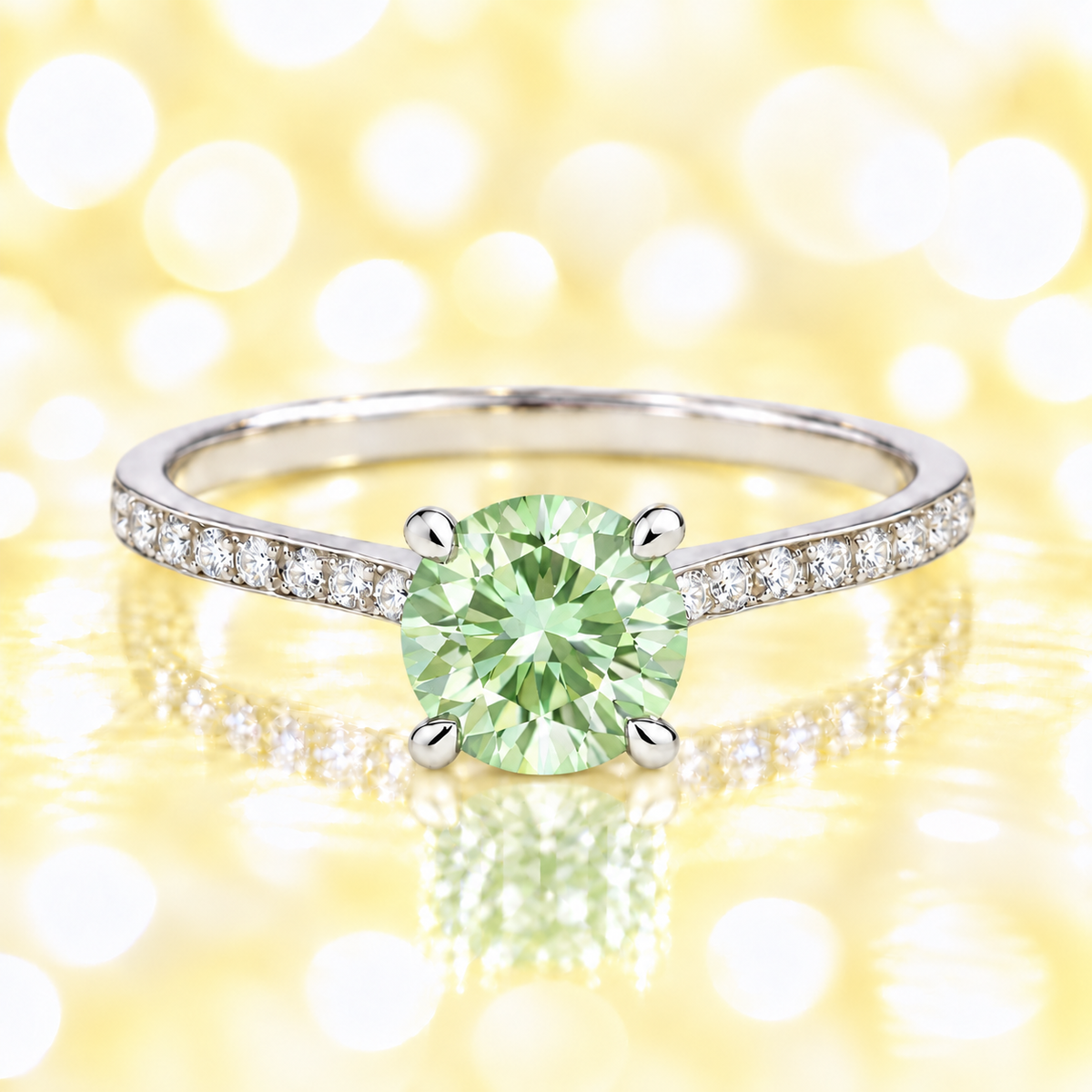 Prasolite ring with a 6 mm round-cut and moissanite accents, crafted in white gold-plated 925 silver. Elegant for daily wear. Available now at BSI Jewelry.