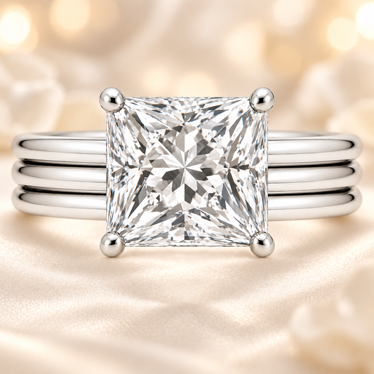Princess cut moissanite ring, 10 mm, set in white gold plated 925 silver. Sharp brilliance with modern elegance. Available now at BSI Jewelry.