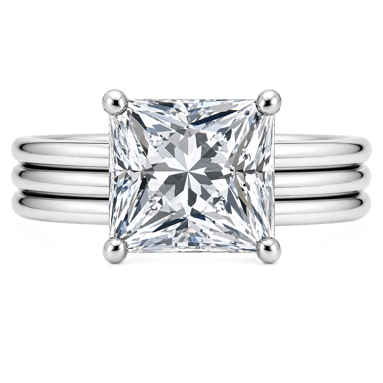 Princess cut moissanite ring, 10 mm, set in white gold plated 925 silver. Sharp brilliance with modern elegance. Available now at BSI Jewelry.