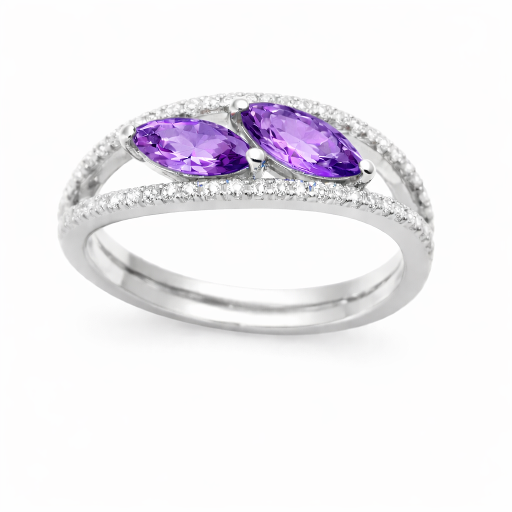 Purple sapphire crossover ring with 6×3 mm marquise in white gold-plated 925 silver, accented with moissanite. Elegant and contemporary. Available at BSI Jewelry.