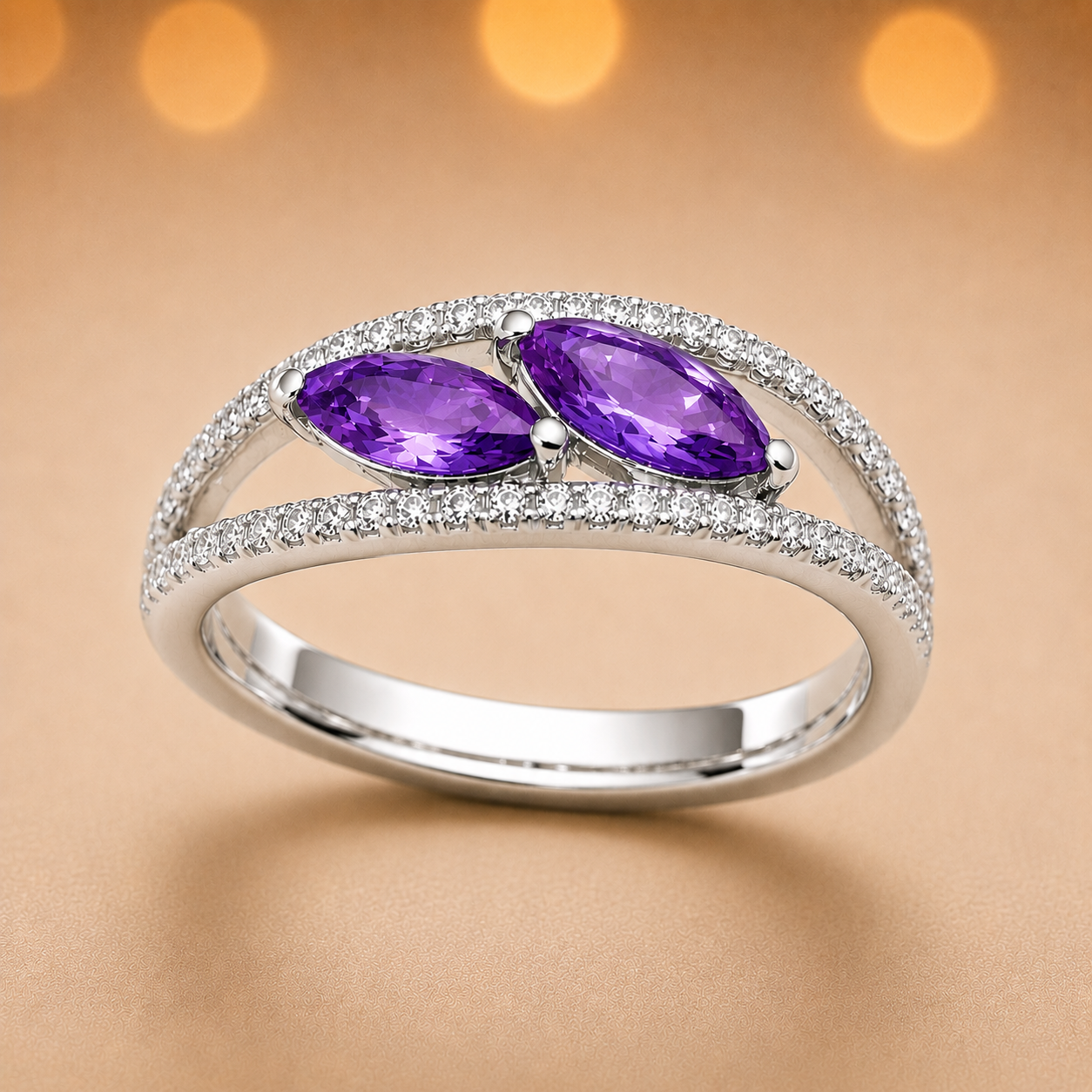 Purple sapphire crossover ring with 6×3 mm marquise in white gold-plated 925 silver, accented with moissanite. Elegant and contemporary. Available at BSI Jewelry.