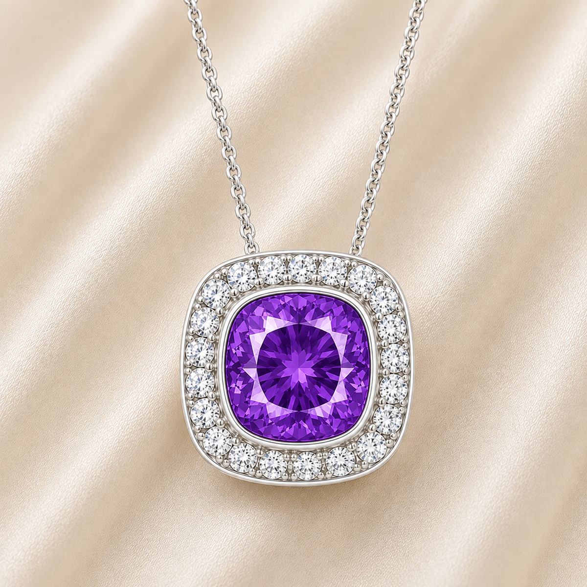 Purple sapphire cushion pendant with 6 mm center stone in white gold-plated 925 silver, accented with moissanite. Elegant and refined. Available now at BSI Jewelry.