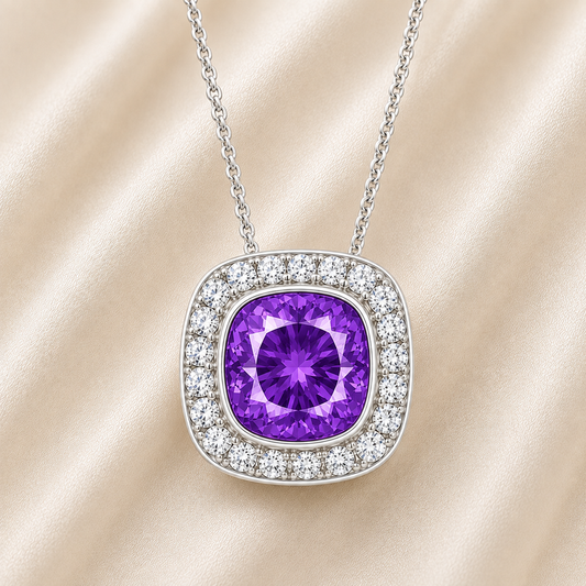 Purple sapphire cushion pendant with 6 mm center stone in white gold-plated 925 silver, accented with moissanite. Elegant and refined. Available now at BSI Jewelry.