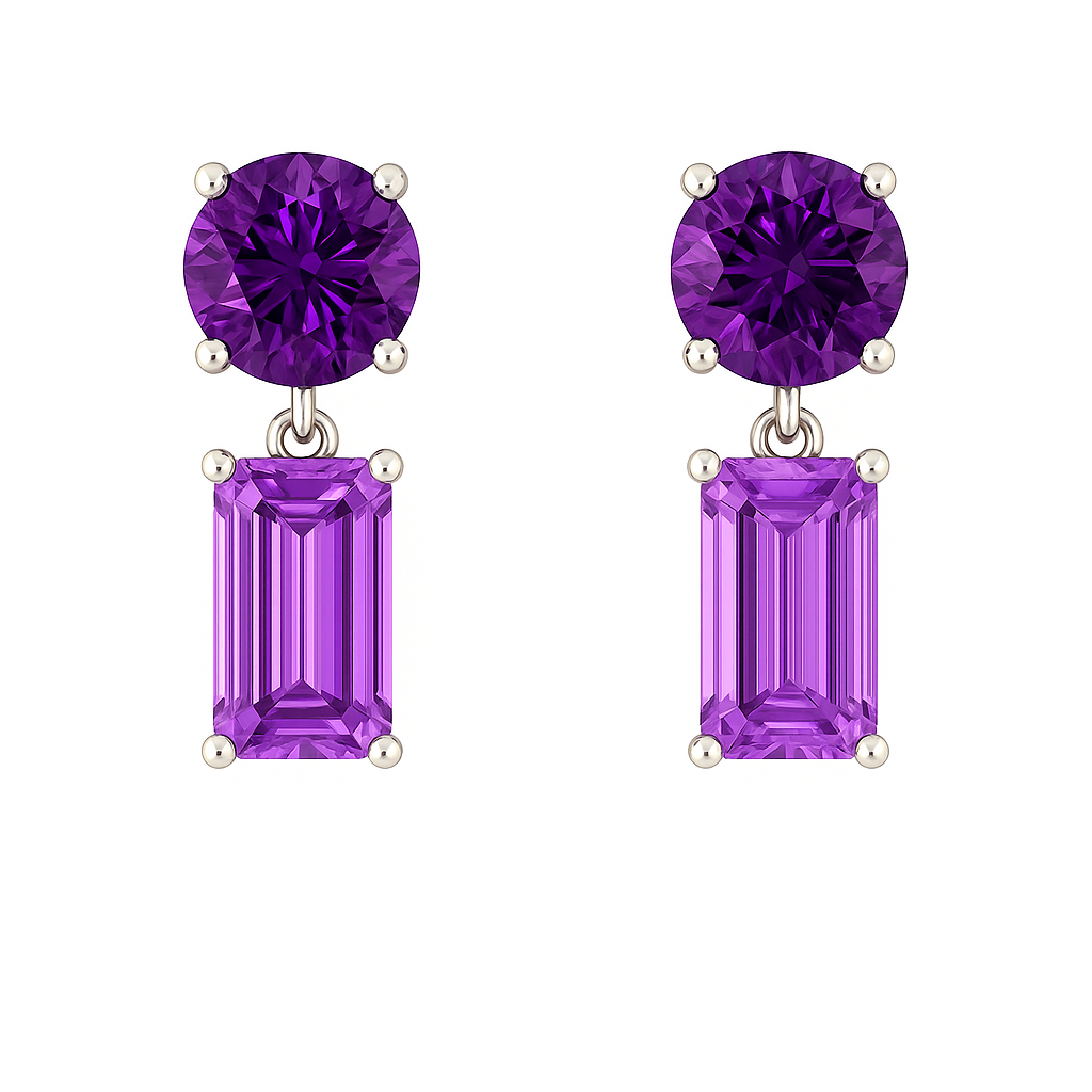 Purple sapphire drop earrings with 5mm round and 6×4mm emerald-cut, crafted in white gold-plated 925 silver with palladium-added alloy. Available at BSI Jewelry