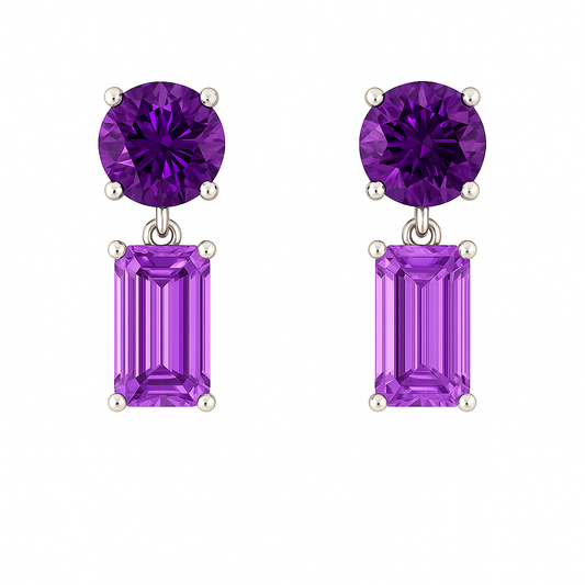 Purple sapphire drop earrings with 5mm round and 6×4mm emerald-cut, crafted in white gold-plated 925 silver with palladium-added alloy. Available at BSI Jewelry