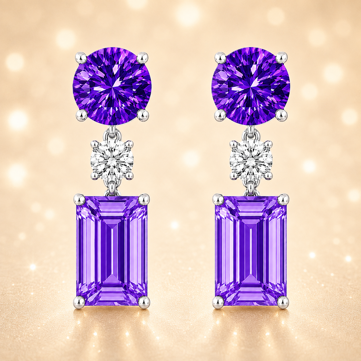 Purple sapphire drop earrings with 5mm round and 6×4mm emerald-cut, crafted in white gold-plated 925 silver with palladium-added alloy. Available at BSI Jewelry