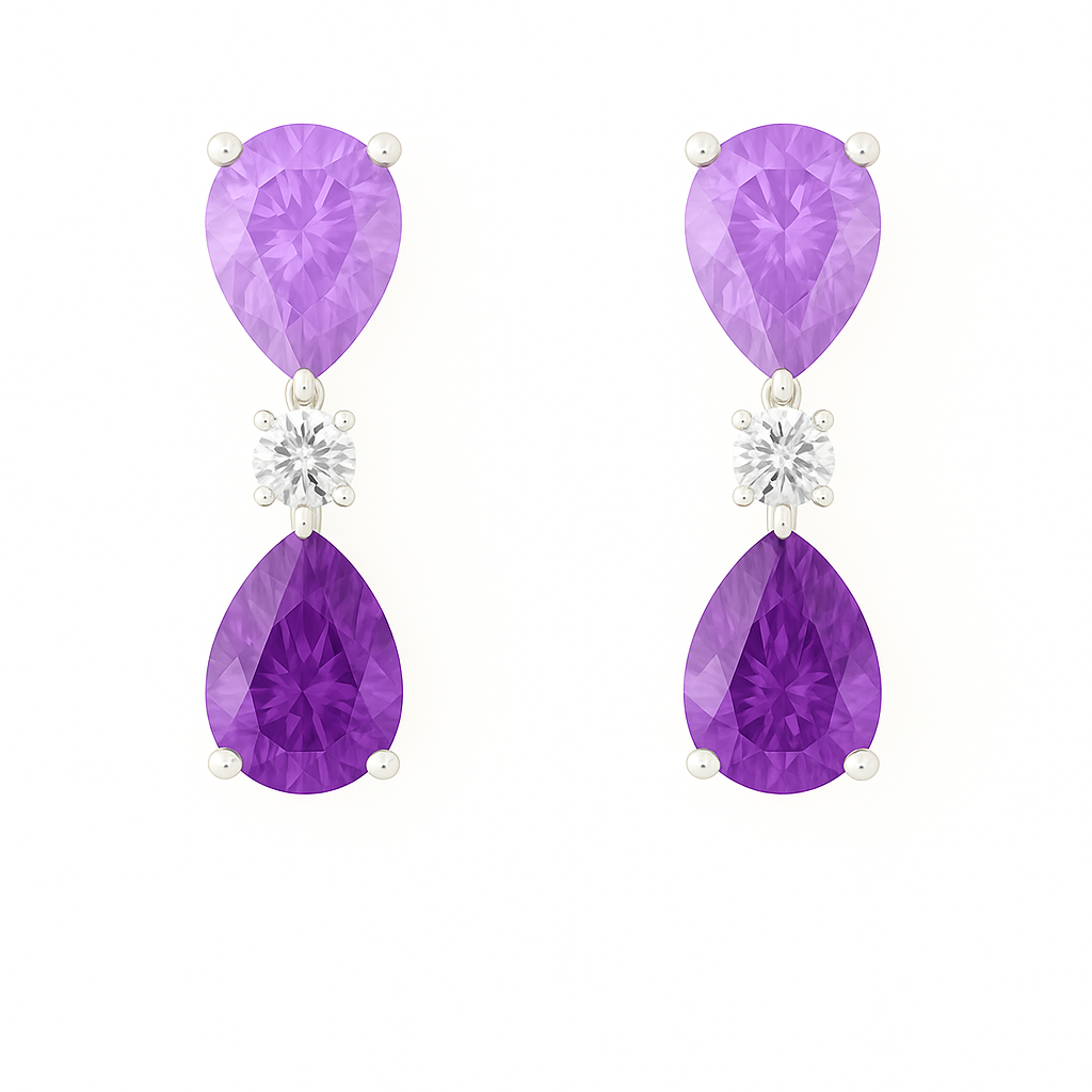 Romantic purple sapphire drop stud earrings with 6×4 mm pear-cut stones, crafted in white gold-plated 925 silver with palladium-added alloy. Now at BSI Jewelry.