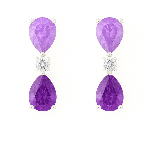 Romantic purple sapphire drop stud earrings with 6×4 mm pear-cut stones, crafted in white gold-plated 925 silver with palladium-added alloy. Now at BSI Jewelry.