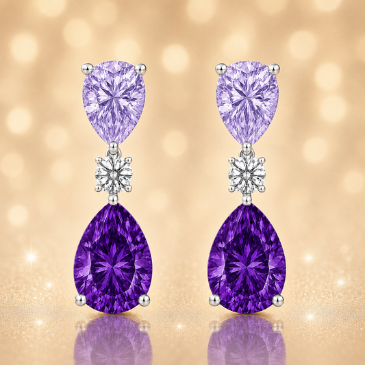 Romantic purple sapphire drop stud earrings with 6×4 mm pear-cut stones, crafted in white gold-plated 925 silver with palladium-added alloy. Now at BSI Jewelry.
