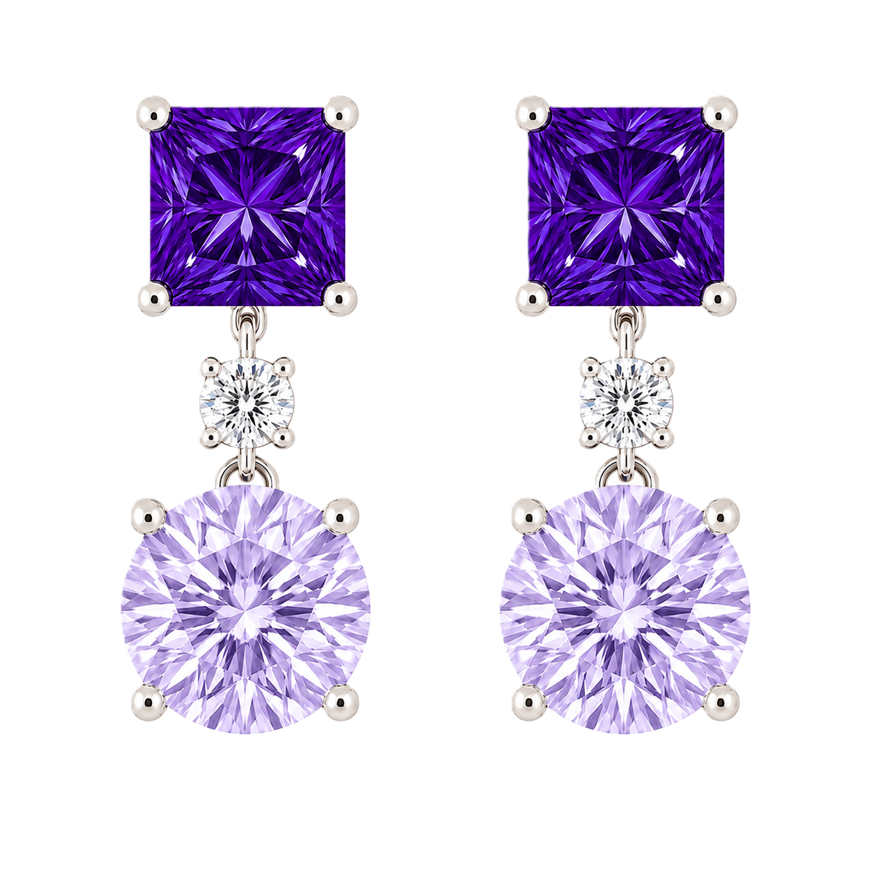 Purple sapphire earrings with 6 mm princess and round cuts, crafted in white gold-plated 925 silver. Elegant and colorful. Available now at BSI Jewelry.