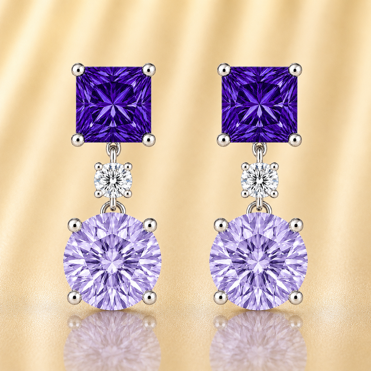 Purple sapphire earrings with 6 mm princess and round cuts, crafted in white gold-plated 925 silver. Elegant and colorful. Available now at BSI Jewelry.