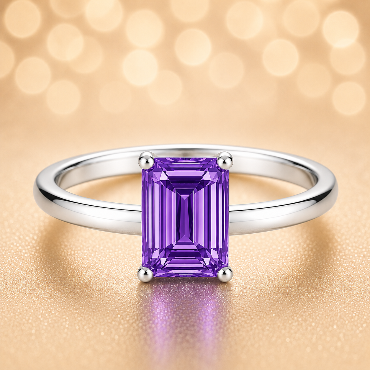 7×5 mm emerald-cut purple sapphire solitaire ring set in white-gold-plated 925 silver. Minimalist design with timeless elegance. Available now at BSI Jewelry.