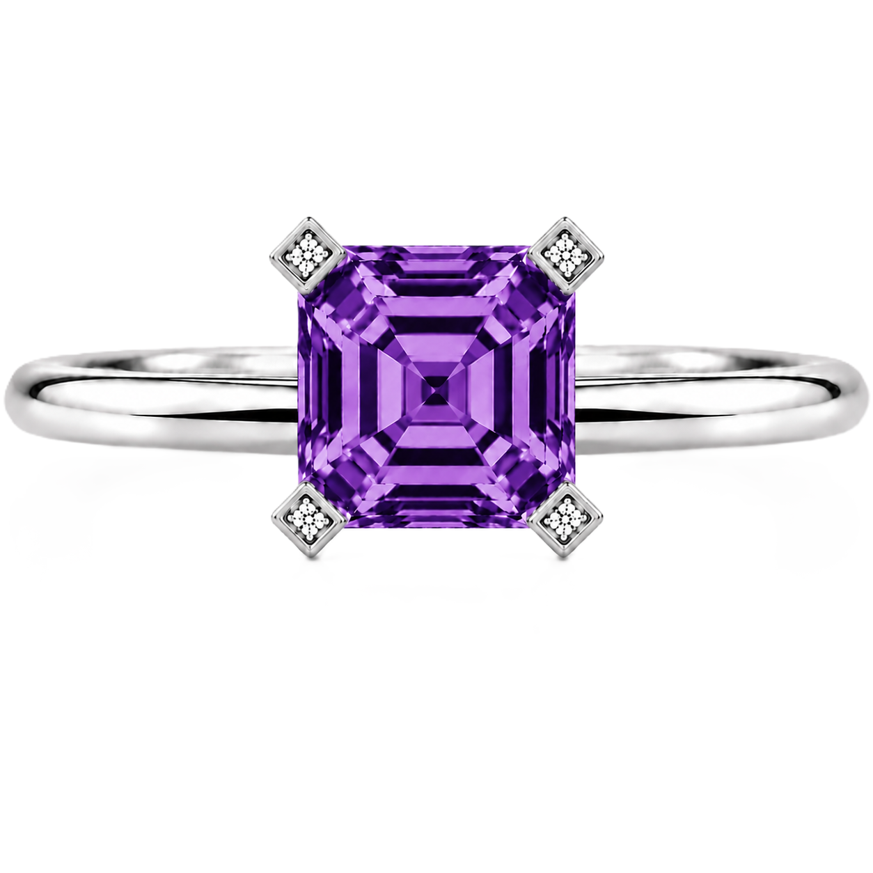 Elegant purple sapphire engagement ring with a 6 mm asscher-cut center stone, crafted in white gold plated 925 silver. Available now at BSI Jewelry.