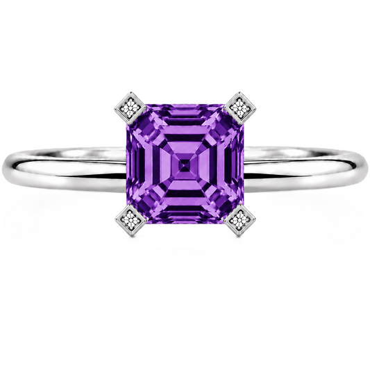 Elegant purple sapphire engagement ring with a 6 mm asscher-cut center stone, crafted in white gold plated 925 silver. Available now at BSI Jewelry.