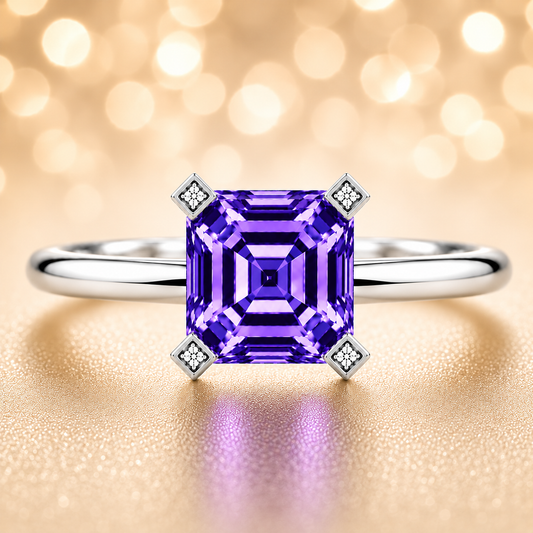 Elegant purple sapphire engagement ring with a 6 mm asscher-cut center stone, crafted in white gold plated 925 silver. Available now at BSI Jewelry.
