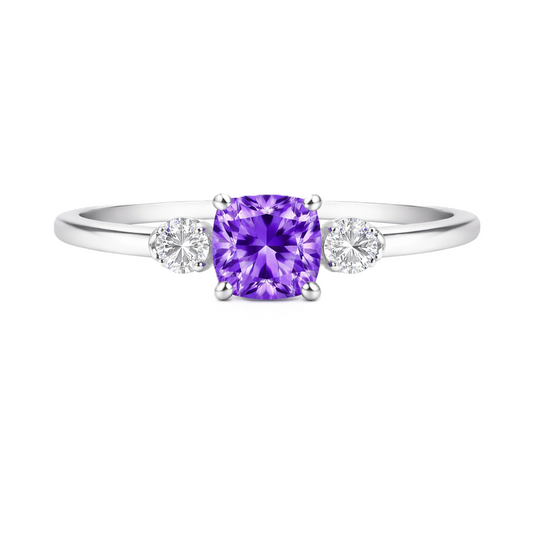 Purple sapphire engagement ring, 6 mm cushion, crafted in white gold-plated 925 silver. Elegant and timeless for daily wear. Available now at BSI Jewelry.