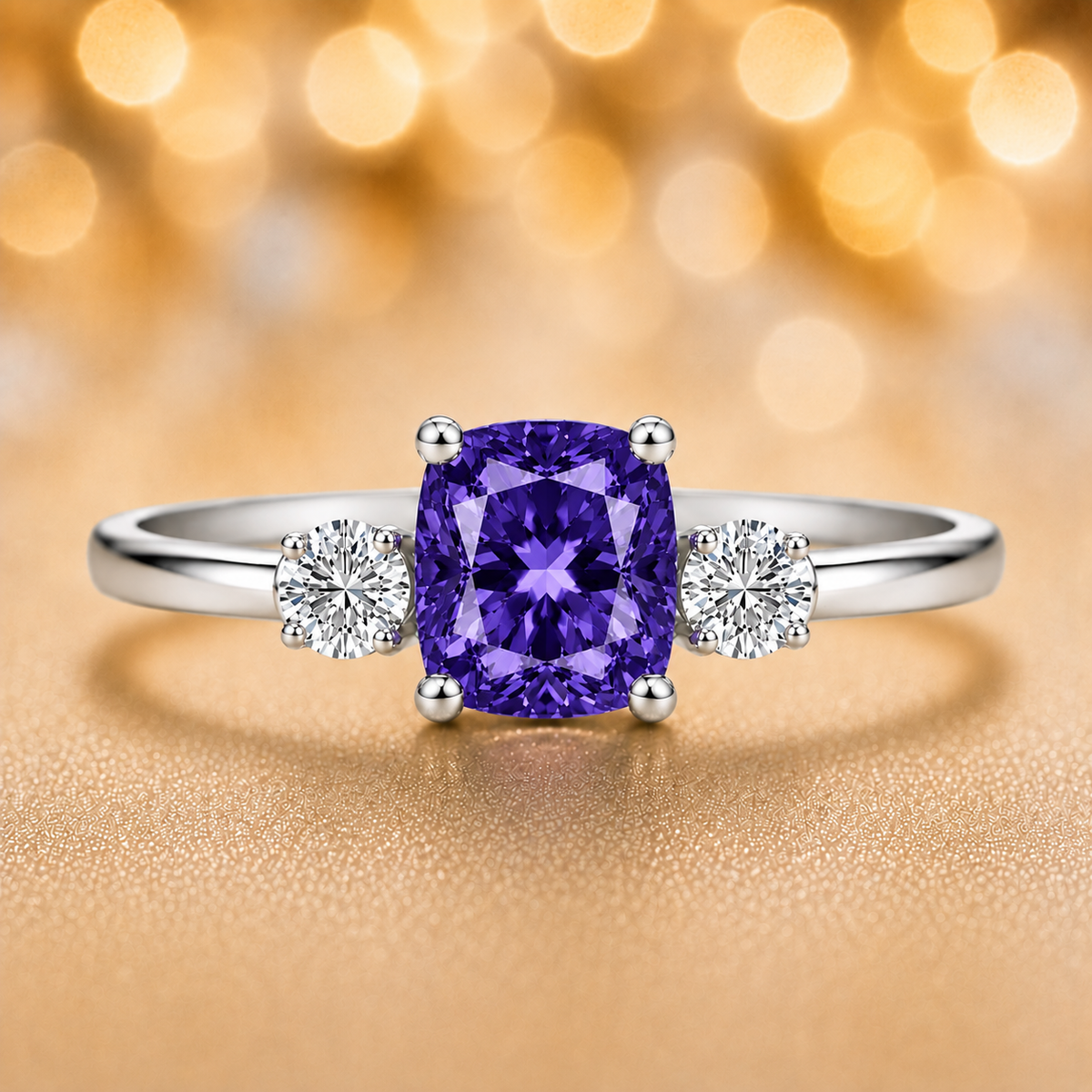 Purple sapphire engagement ring, 6 mm cushion, crafted in white gold-plated 925 silver. Elegant and timeless for daily wear. Available now at BSI Jewelry.