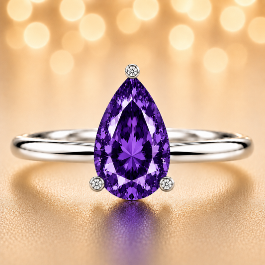Elegant purple sapphire engagement ring with a 6×4 mm pear-cut center stone, crafted in white gold plated 925 silver. Available now at BSI Jewelry.