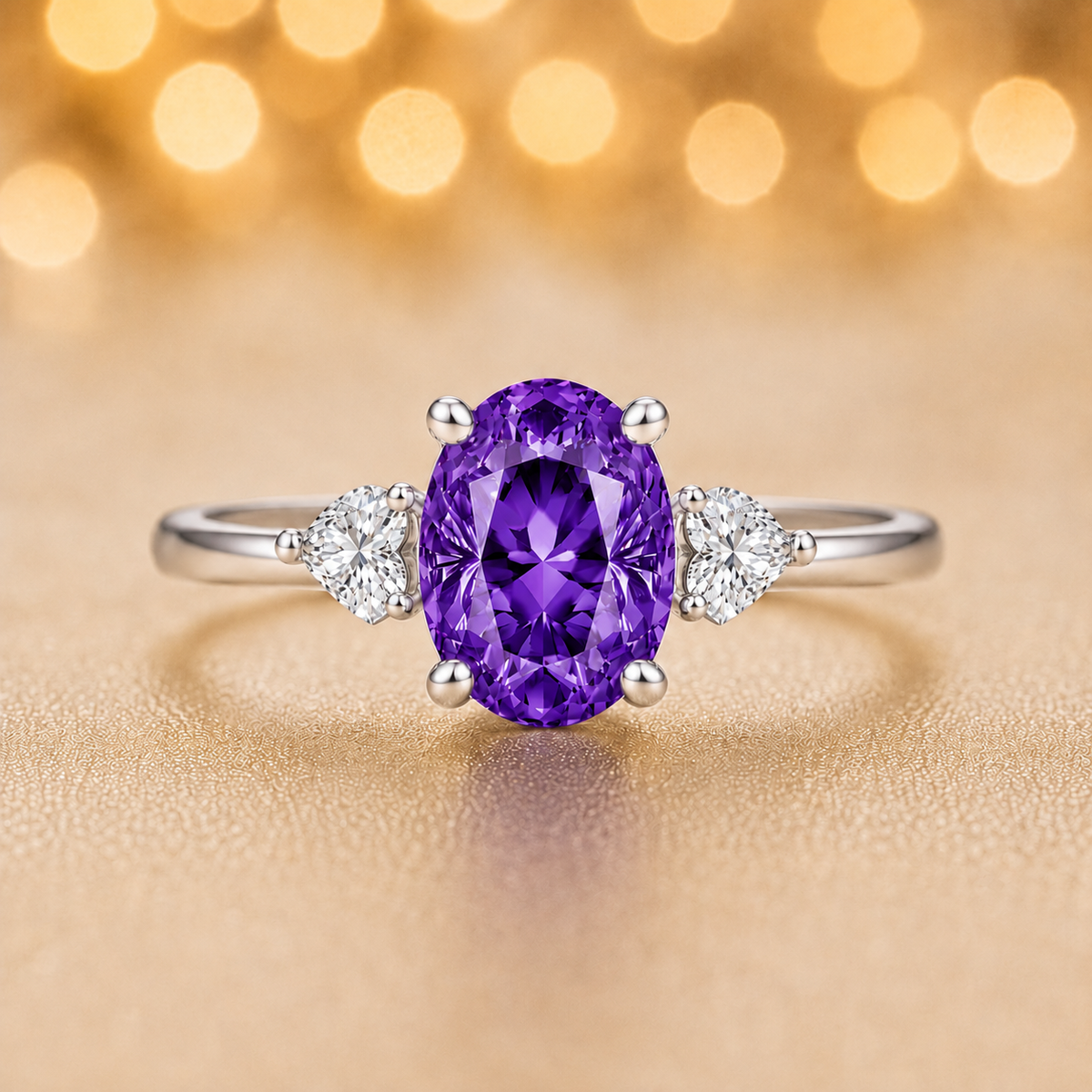 Purple sapphire engagement ring with 6×4 mm oval center and elegant three-stone design, crafted in white gold-plated 925 silver. Available now at BSI Jewelry.