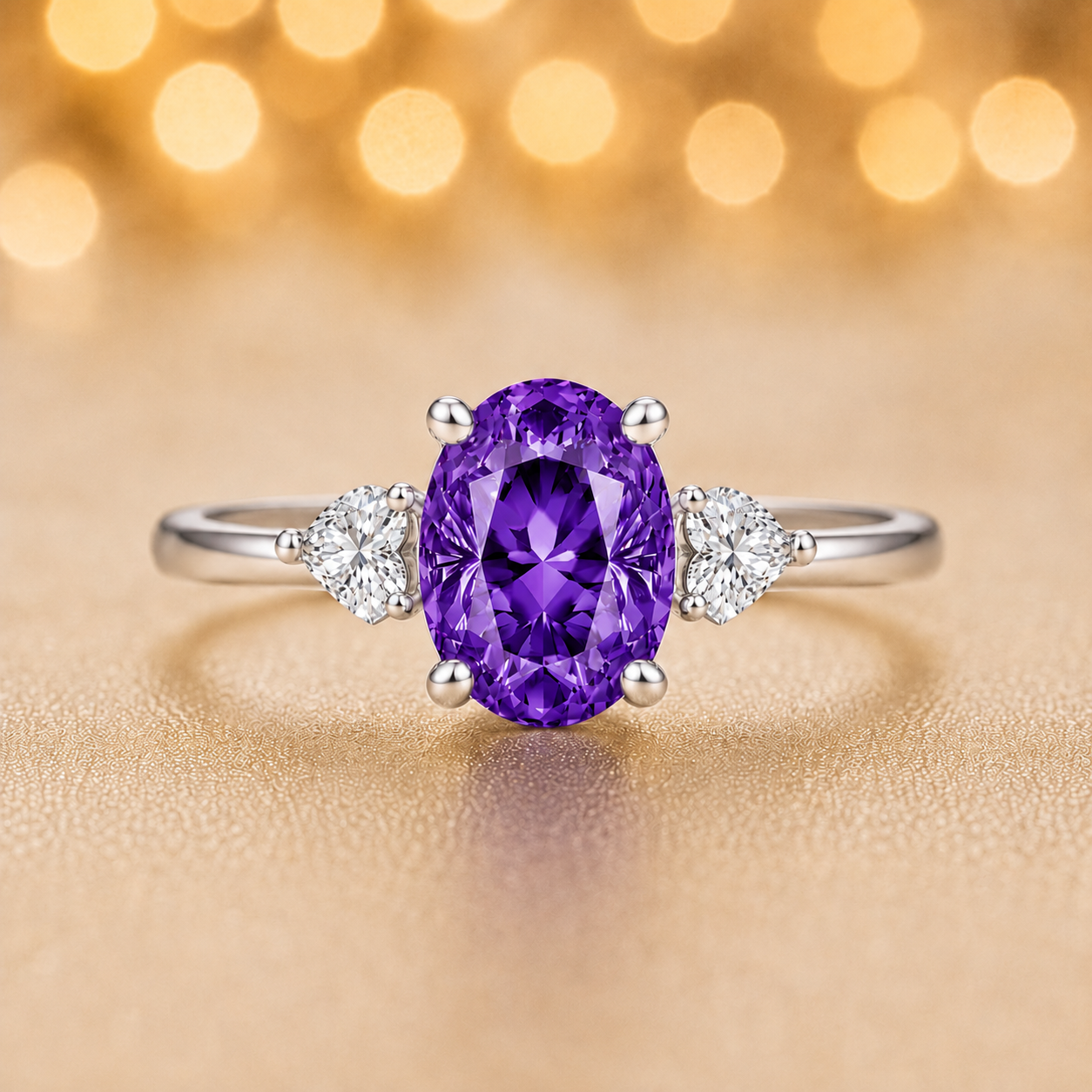 Purple sapphire engagement ring with 6×4 mm oval center and elegant three-stone design, crafted in white gold-plated 925 silver. Available now at BSI Jewelry.