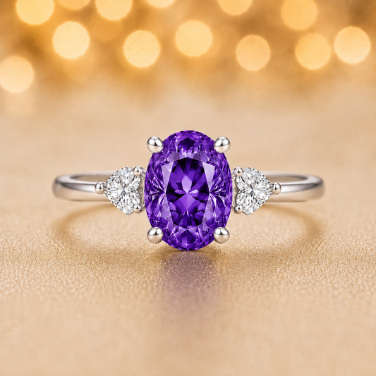 Purple sapphire engagement ring with 6×4 mm oval center and elegant three-stone design, crafted in white gold-plated 925 silver. Available now at BSI Jewelry.