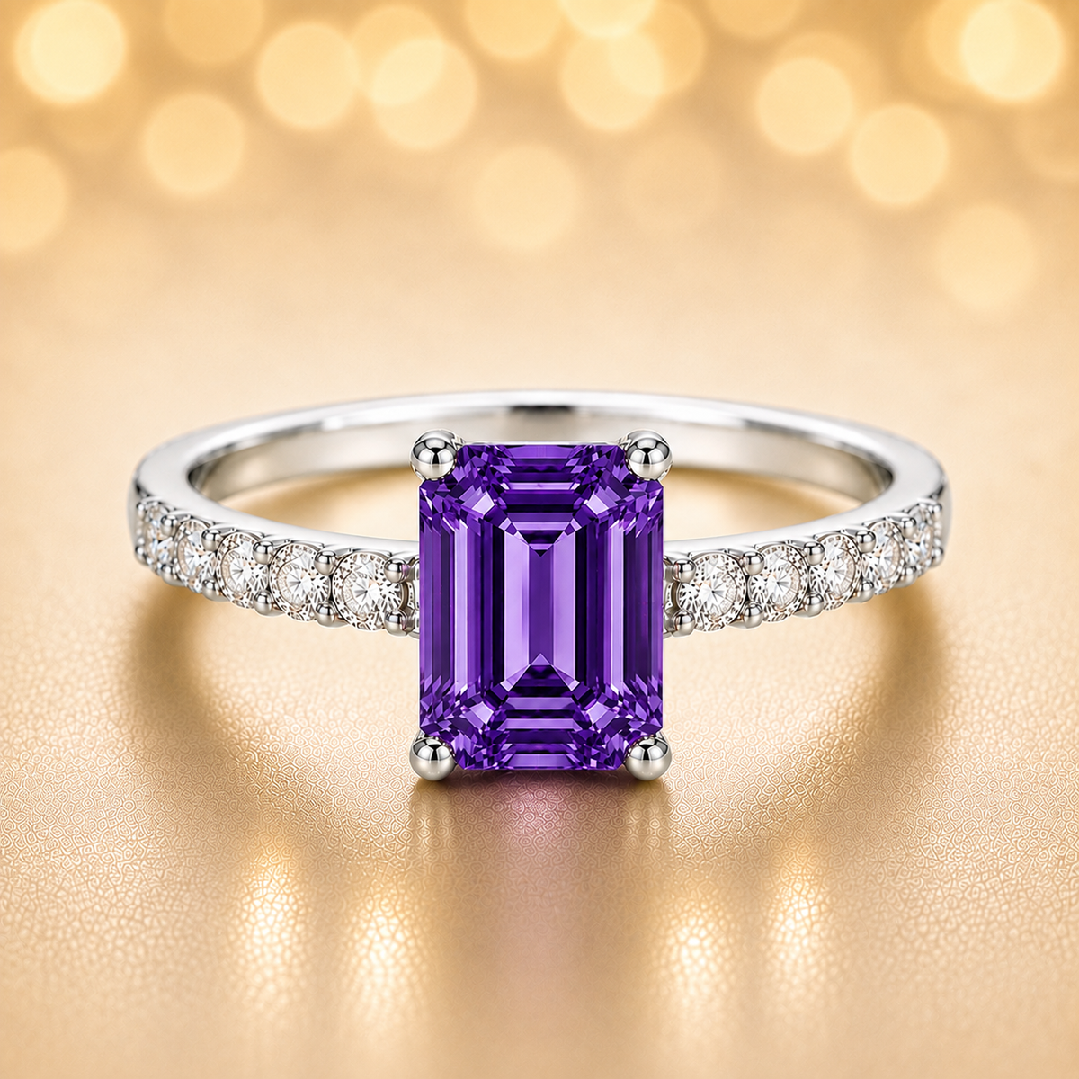 7×5mm emerald-cut Purple Sapphire ring with Moissanite accents in white-gold-plated 925 silver. Elegant, radiant, and hypoallergenic. Available at BSI Jewelry.